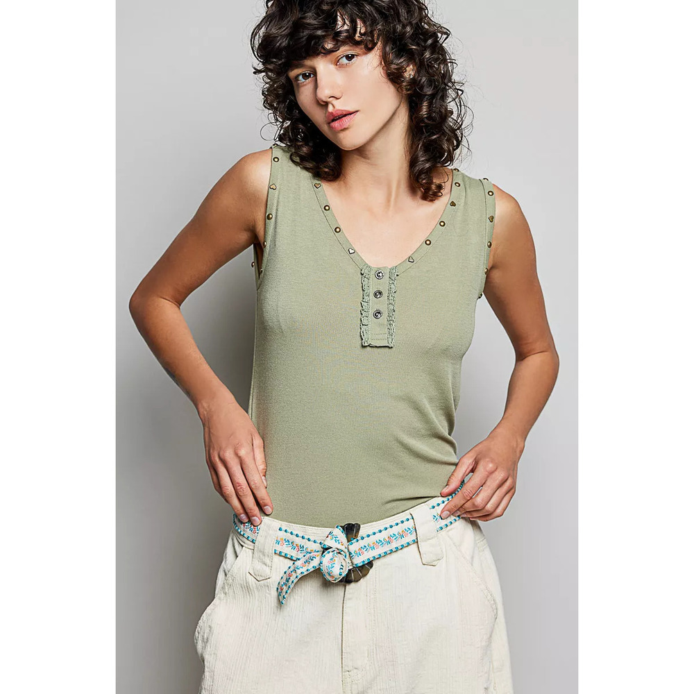 POL Studded Trim Button-Front Ruffle Detail Tank